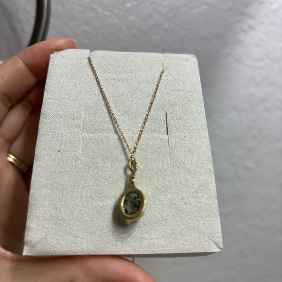 14K Gold Moss Agate Cabochon Small diamond necklace - Picture 8 of 12